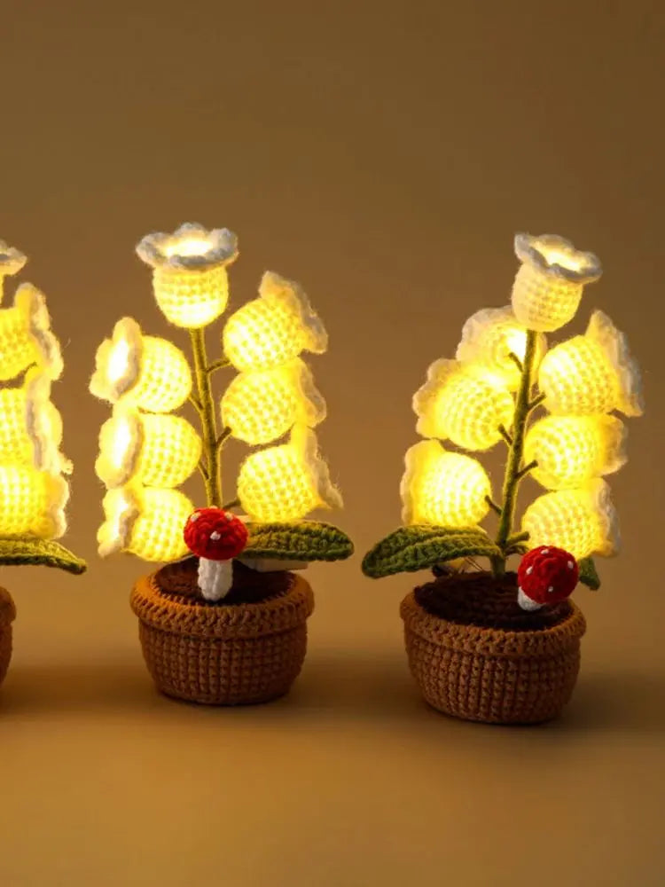 Knitted Bell Orchid With Light Creative Crochet Flowers Potted Handwoven Fake Flower Party Table Decor Mothers Day Gift