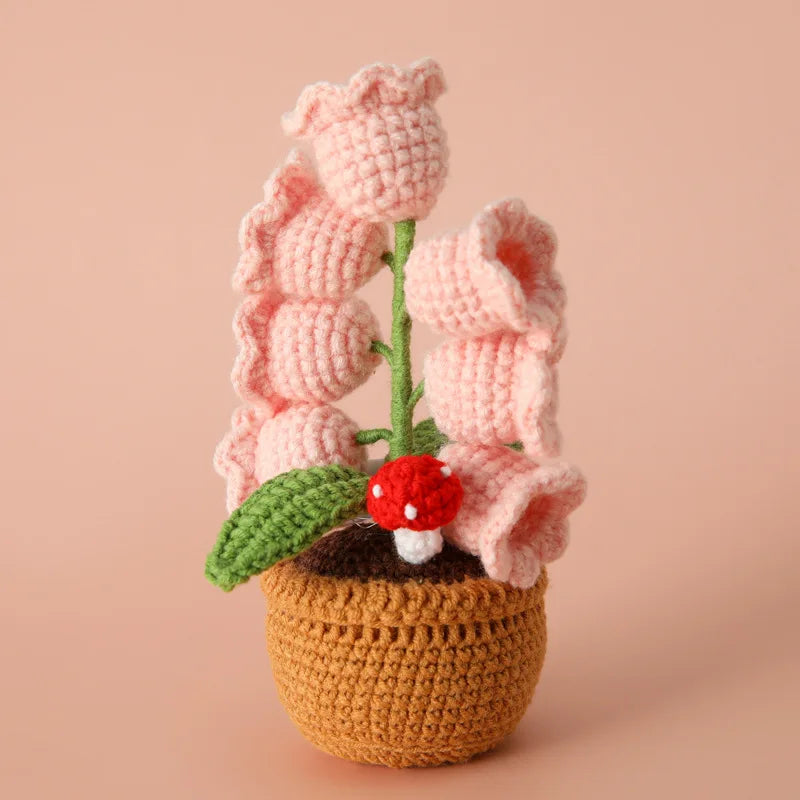 Knitted Bell Orchid With Light Creative Crochet Flowers Potted Handwoven Fake Flower Party Table Decor Mothers Day Gift